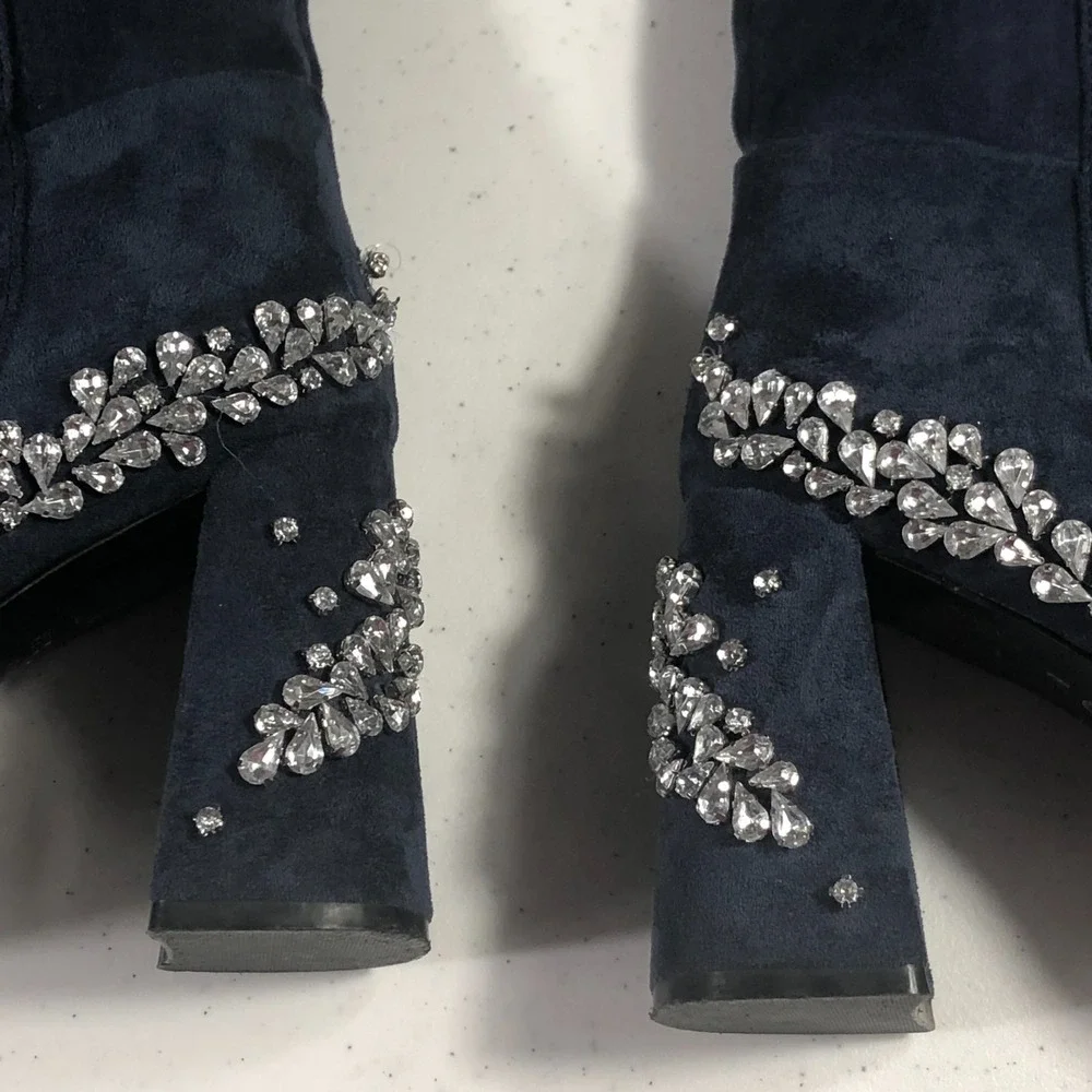 Whimsigoth 90s Knee High‎ Boots Size 8.5M Blue Faux Suede Dark Romantic Holiday - Picture 3 of 11